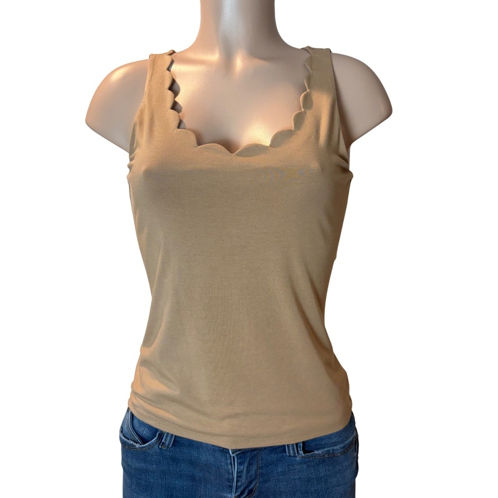 Express Womens Scalloped Scoop Neck Tank Top Tan Camel Cotton Modal Size S NWT‎